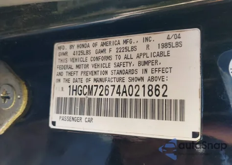 2004 Honda Accord 2.4 Ex from USA, damaged, VIN 1HGCM72674A021862